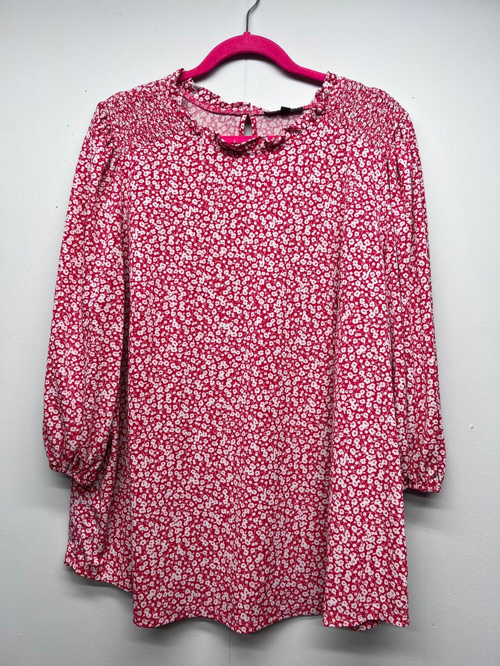Adrianna Papell Ditsy Floral Pink 3/4 Puff Sleeve Top Womens 2X Cottage Garden